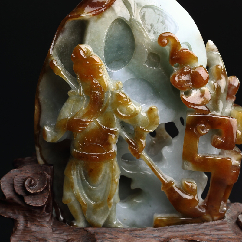 缅甸天然糯种飘黄翡翡翠关公摆件-红掌柜