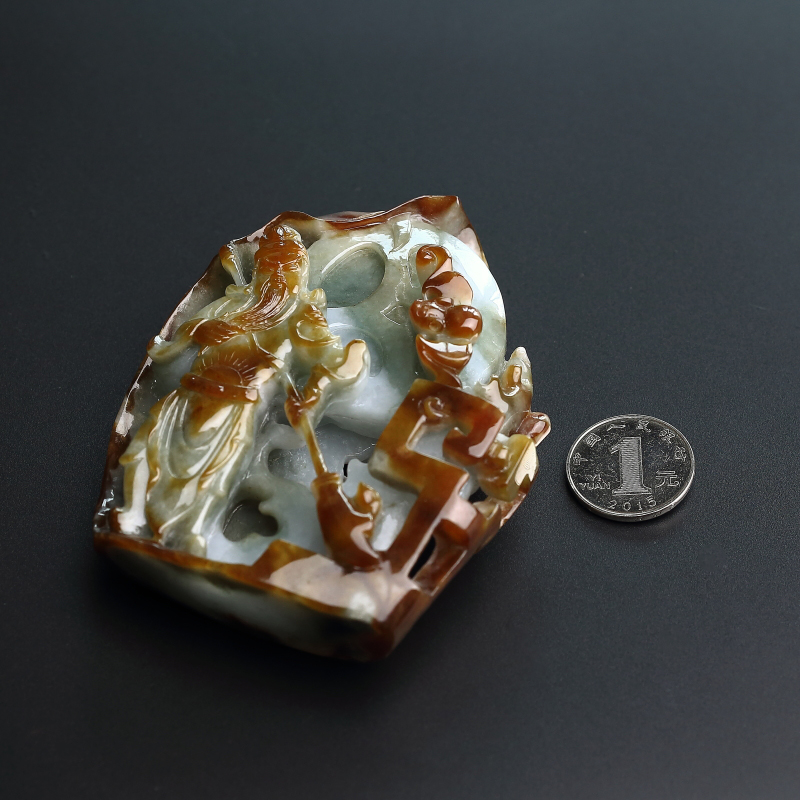 糯种淡绿飘黄翡翡翠关公摆件-红掌柜