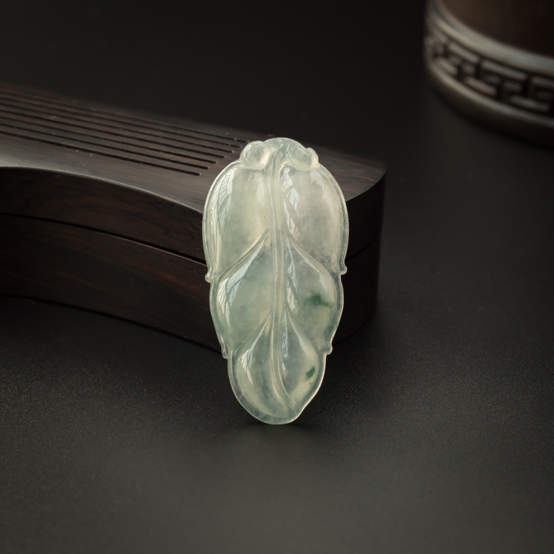 缅甸天然冰糯种飘花翡翠叶子吊坠-红掌柜