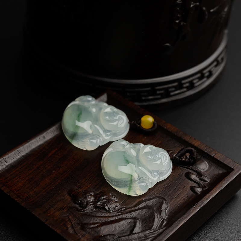 A货天然冰糯种飘花翡翠弥勒佛吊坠 - 红掌柜