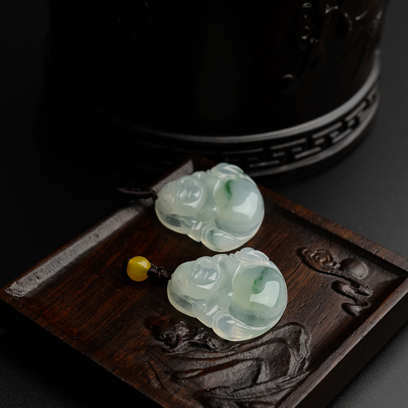 天然冰糯种飘花翡翠弥勒佛吊坠 - 红掌柜