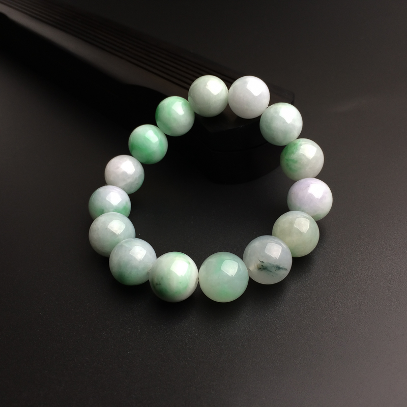 13.5mm缅甸糯种飘绿翡翠手串-红掌柜