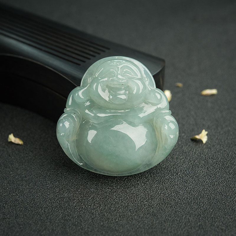 缅甸天然糯种浅绿翡翠弥勒佛吊坠-红掌柜