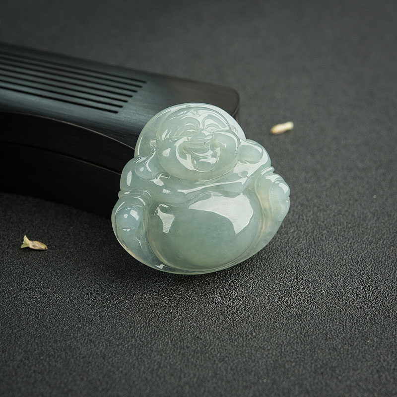 天然糯种浅绿翡翠弥勒佛吊坠-红掌柜