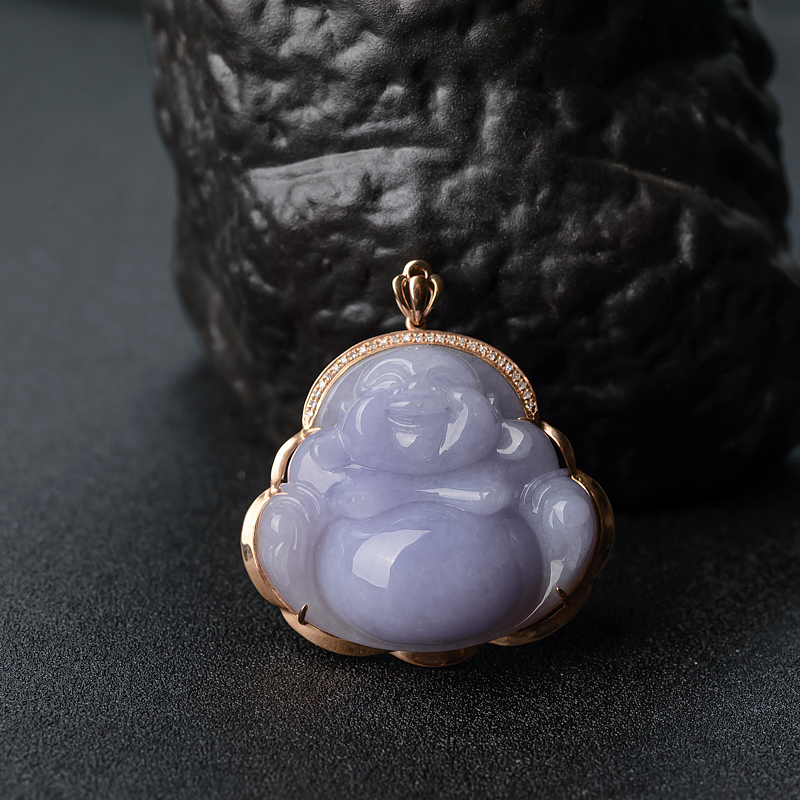 缅甸天然18K镶糯种紫罗兰翡翠佛吊坠 - 红掌柜