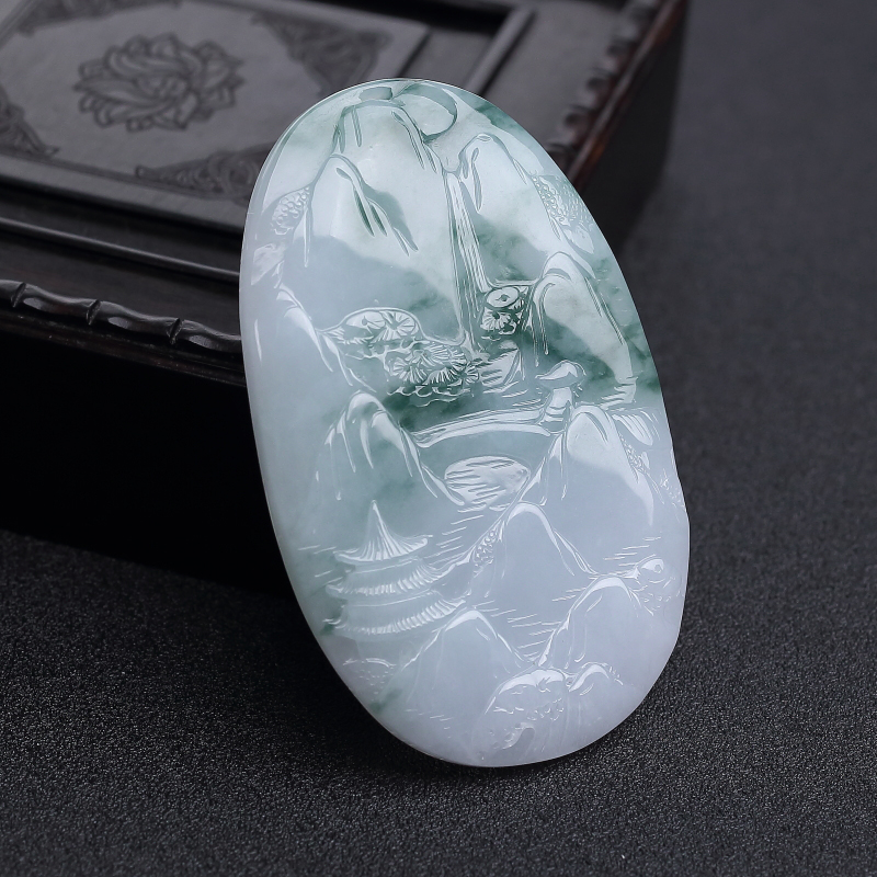 缅甸糯种飘花翡翠山水意境吊坠-红掌柜