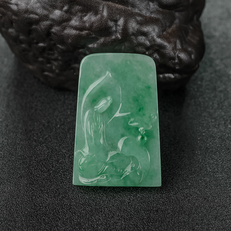 缅甸天然豆种飘翠翡翠悟道吊坠-红掌柜