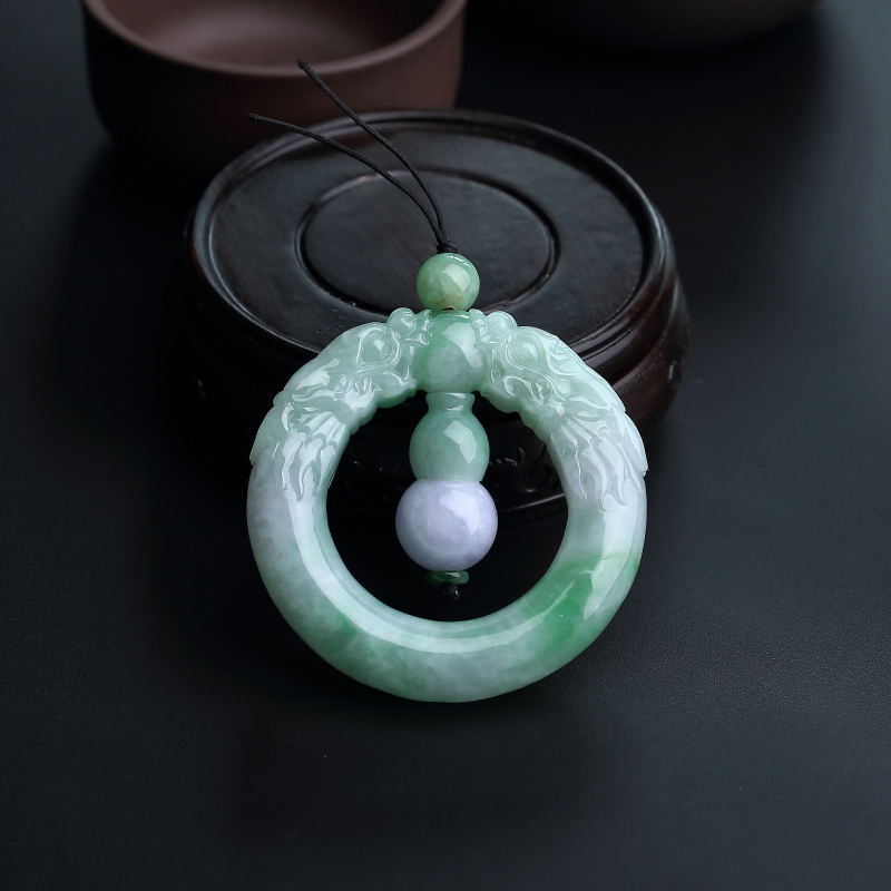 缅甸天然浅绿翡翠双龙戏珠挂件-红掌柜