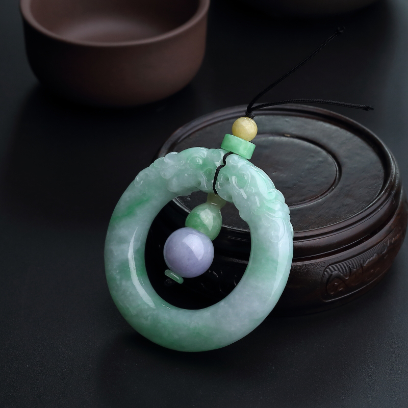 缅甸糯种浅绿翡翠双龙戏珠挂件-红掌柜