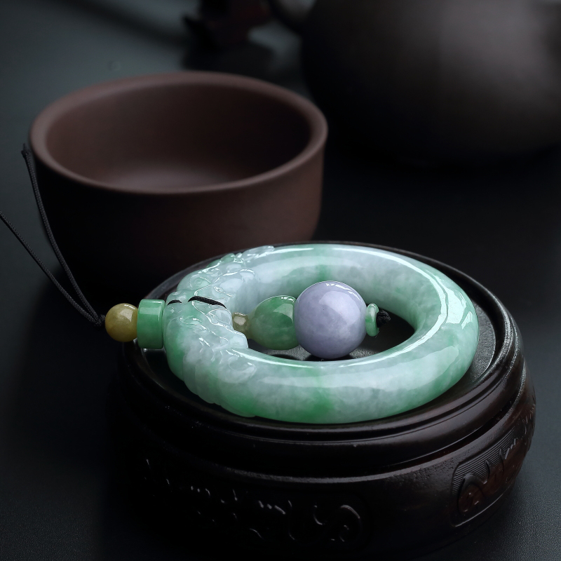 缅甸天然浅绿翡翠双龙戏珠挂件-红掌柜