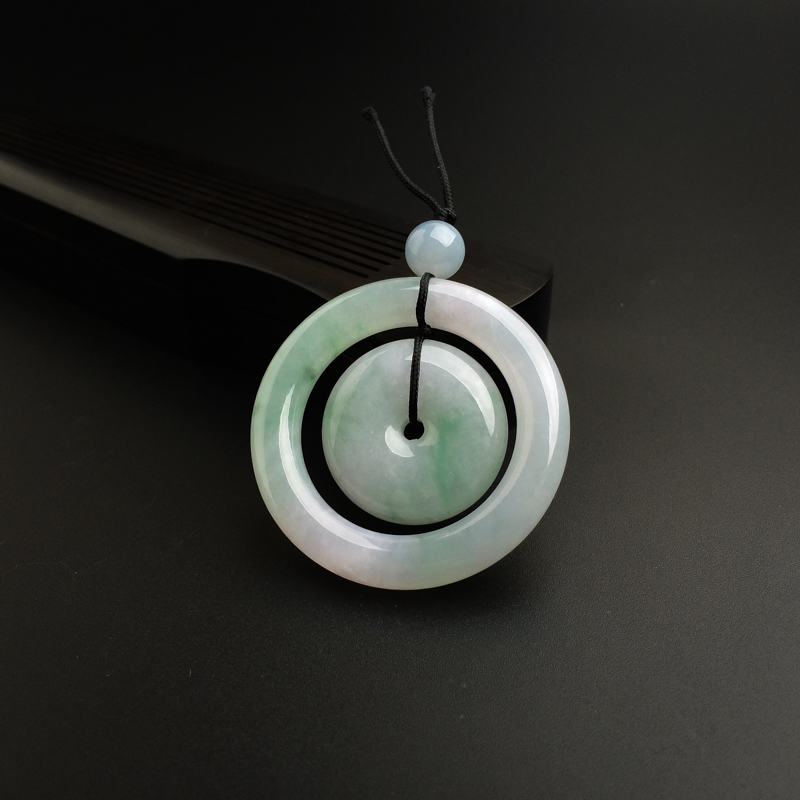 天然糯种浅绿翡翠母子平安扣吊坠-红掌柜