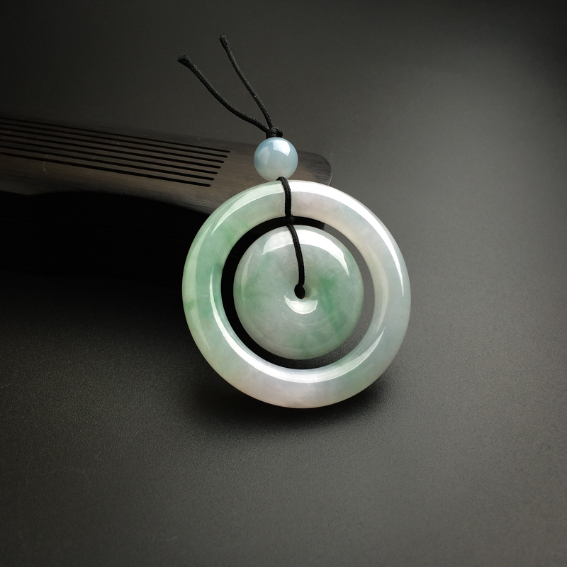 缅甸糯种浅绿翡翠母子平安扣吊坠-红掌柜