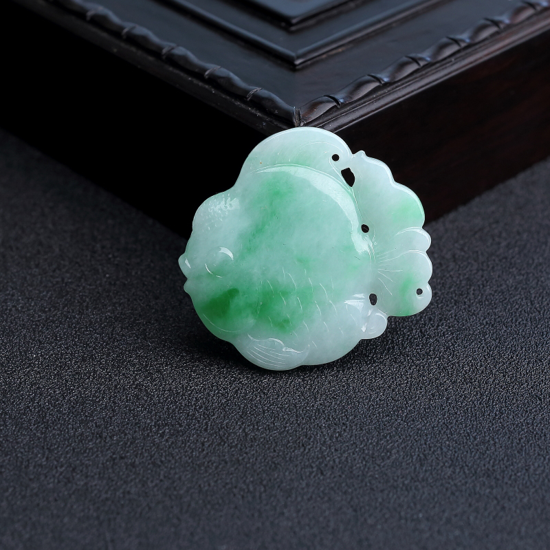 缅甸天然糯种飘花翡翠金鱼吊坠 - 红掌柜