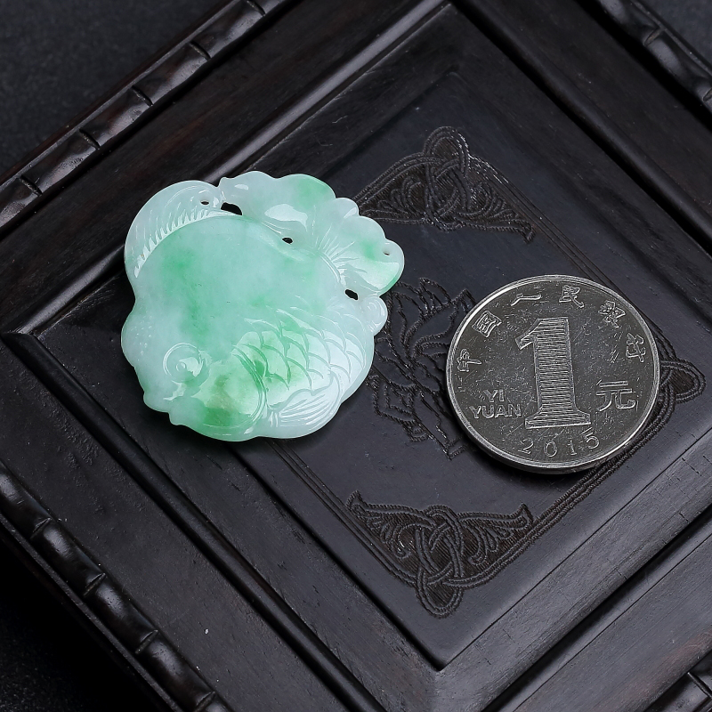 天然飘花翡翠金鱼吊坠 - 红掌柜