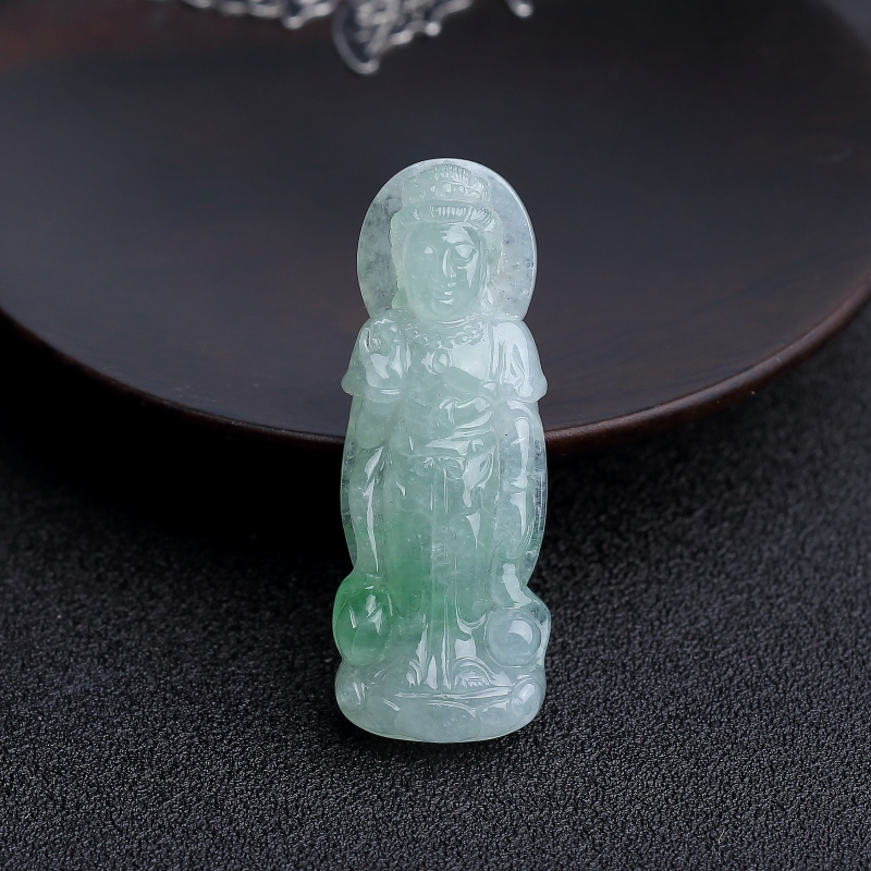 缅甸天然糯种浅绿翡翠观音吊坠 - 红掌柜