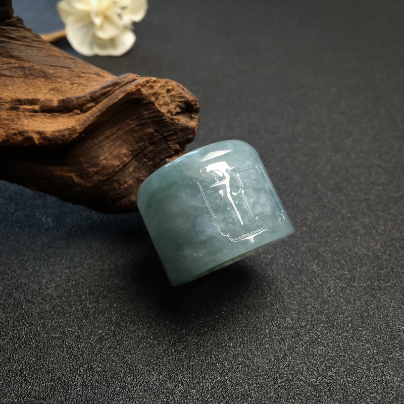 天然糯冰种蓝绿翡翠福扳指 - 红掌柜