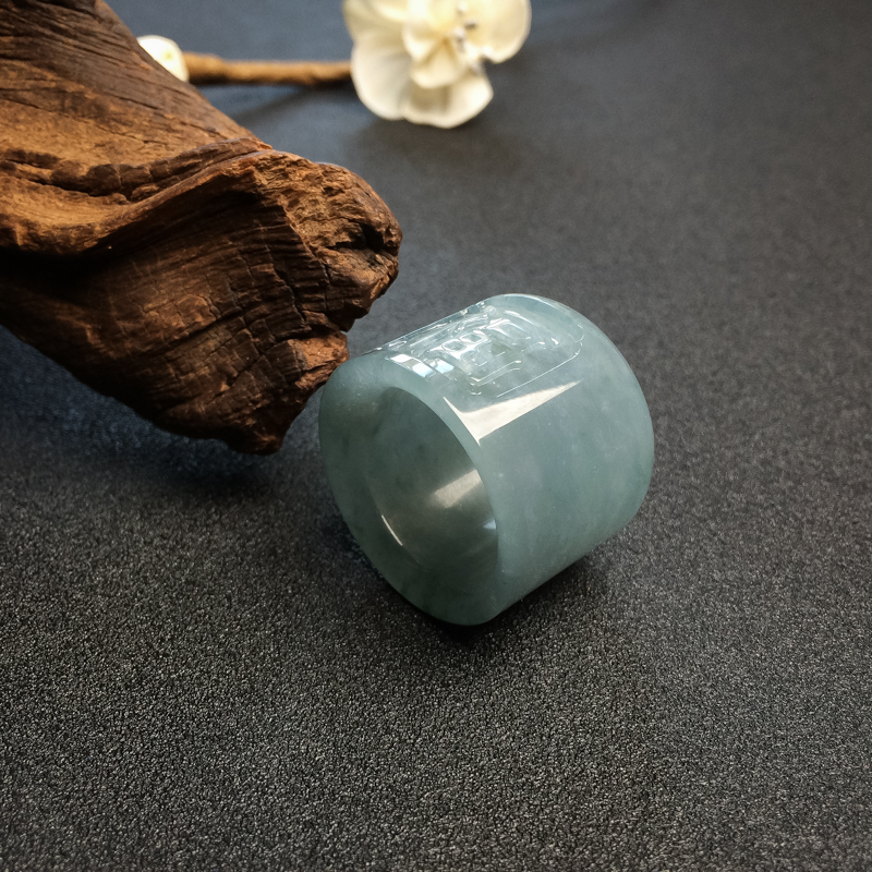 缅甸糯冰种蓝绿翡翠福扳指 - 红掌柜