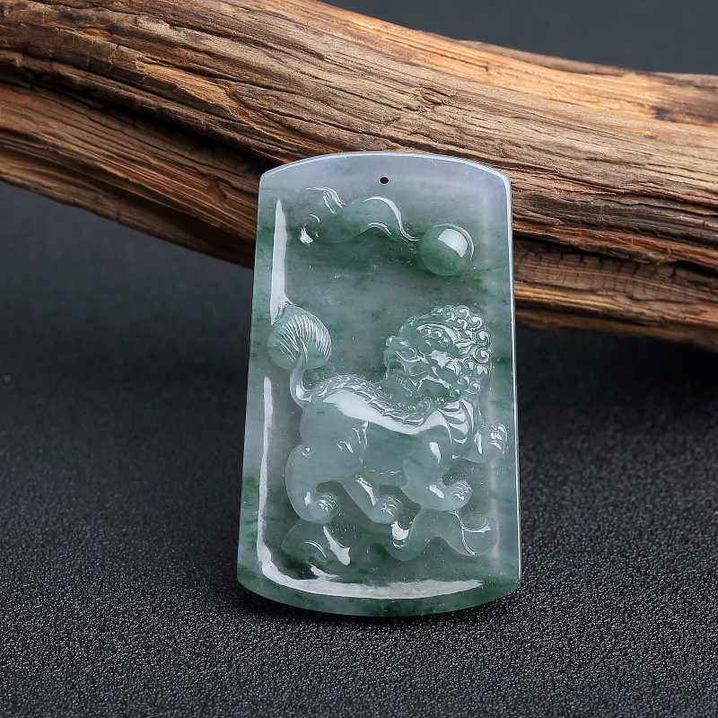 缅甸天然糯种飘花翡翠狮子吊坠-红掌柜