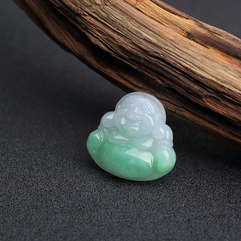 天然糯种飘翠翡翠弥勒佛吊坠 - 红掌柜