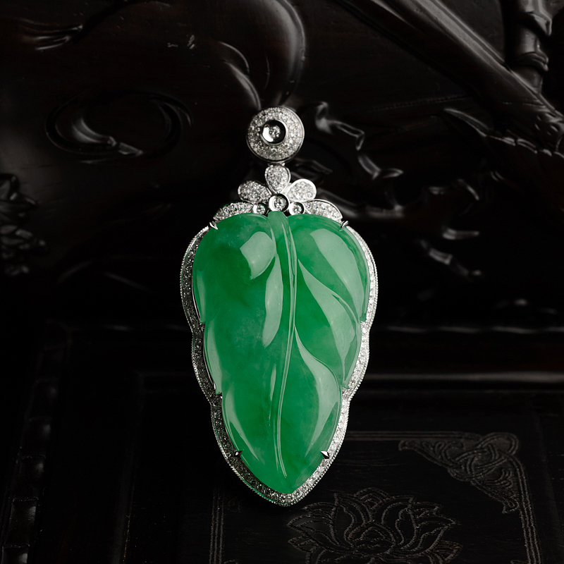18K金镶缅甸冰种黄阳绿翡翠叶子吊坠-红掌柜