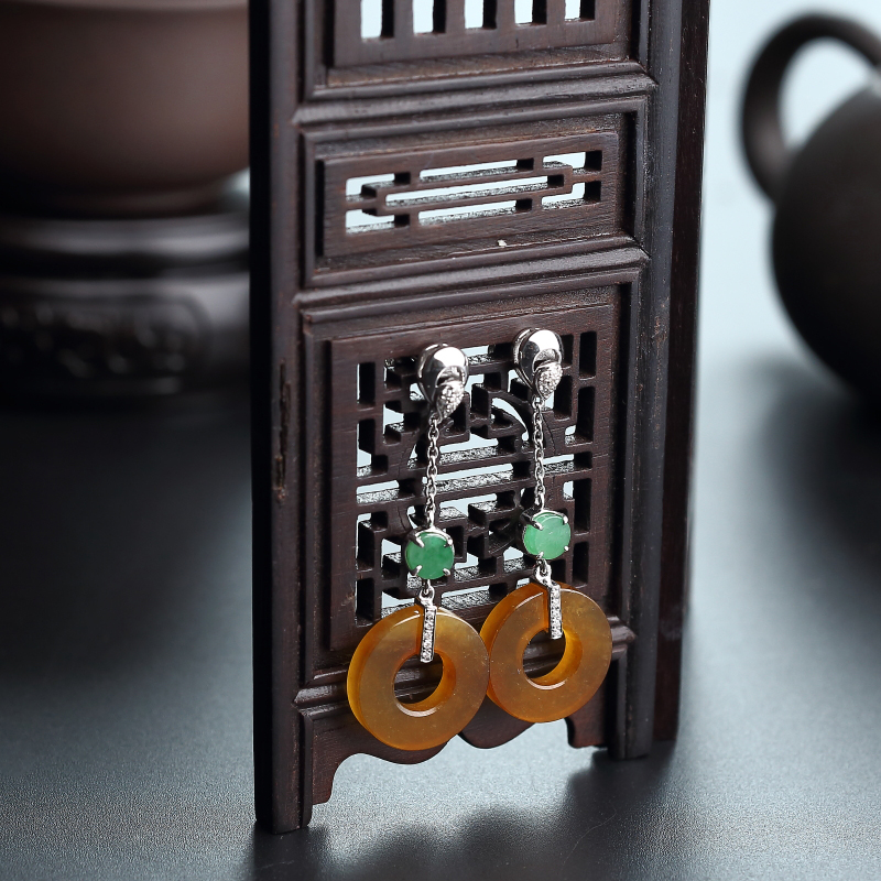 缅甸天然冰糯种黄翡翡翠耳坠-红掌柜