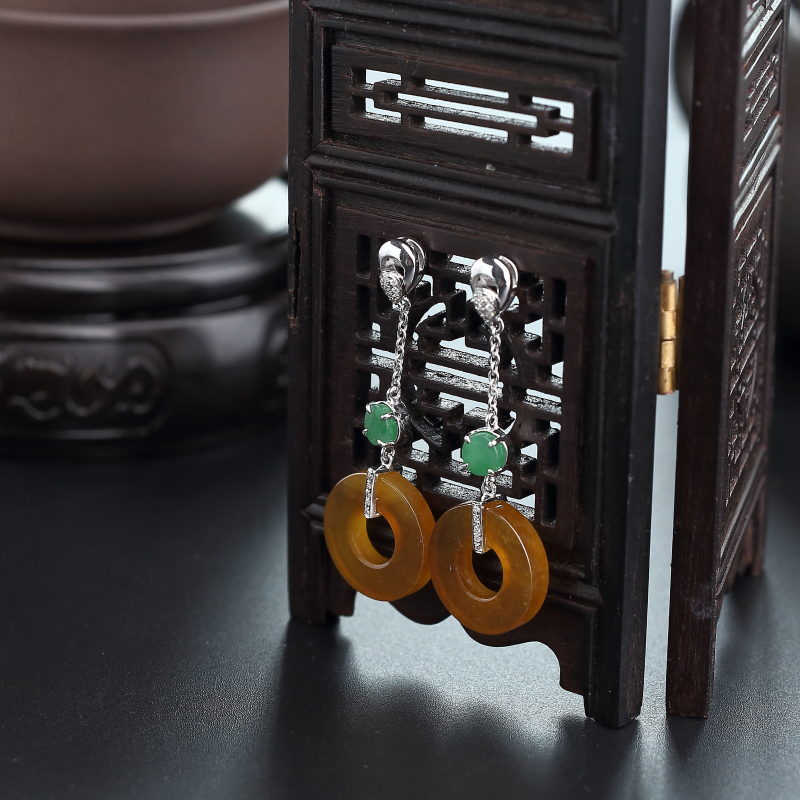 18K金镶天然冰糯种黄翡翡翠耳坠-红掌柜