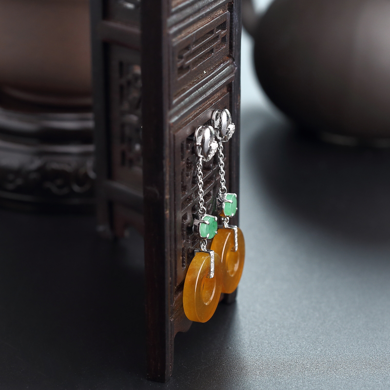 18K金镶缅甸冰糯种黄翡翡翠耳坠-红掌柜