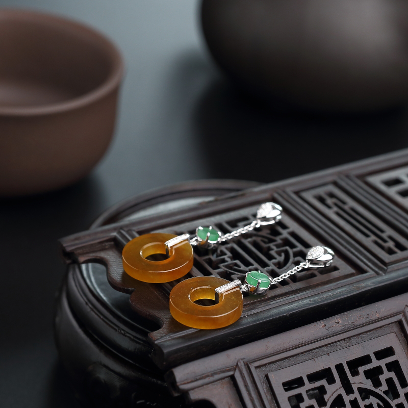 18K金镶缅甸天然黄翡翡翠耳坠-红掌柜