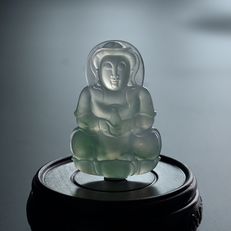 缅甸天然冰糯种飘花翡翠观音吊坠-红掌柜