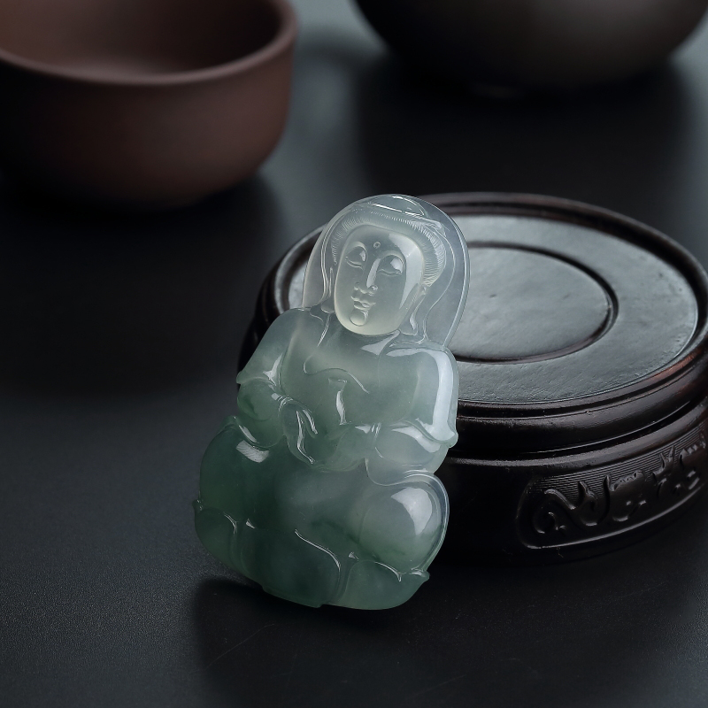 缅甸天然飘花翡翠观音吊坠-红掌柜