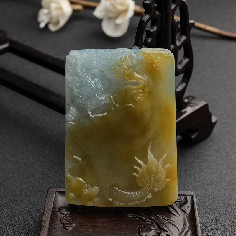 缅甸天然糯种飘黄翡翡翠望子成龙吊坠-红掌柜