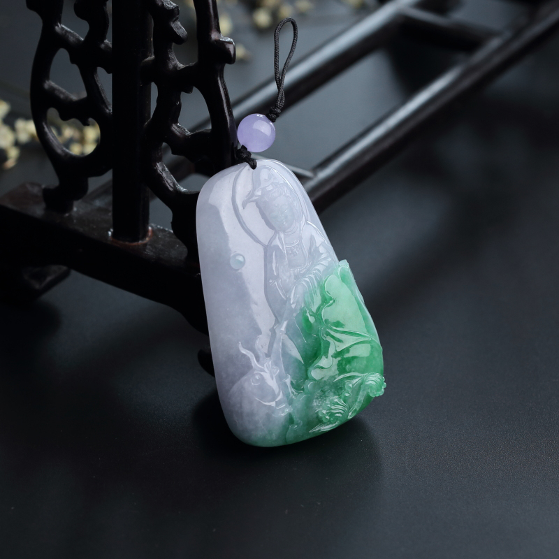 天然糯种飘绿翡翠观音吊坠-红掌柜