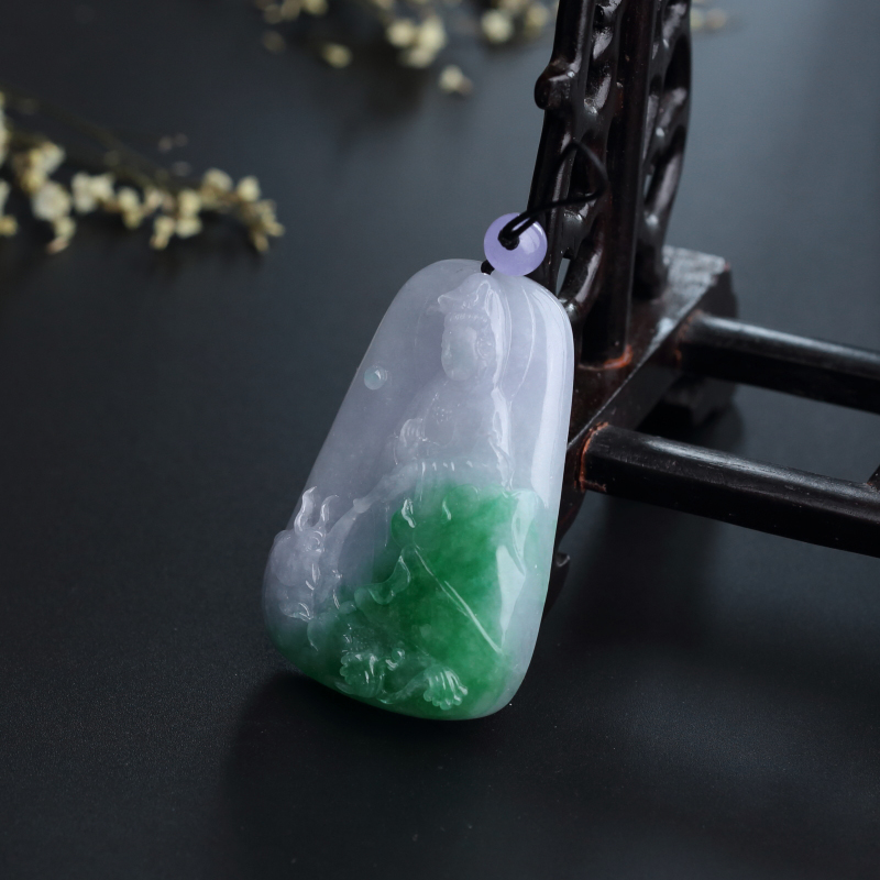 缅甸糯种飘绿翡翠观音吊坠-红掌柜
