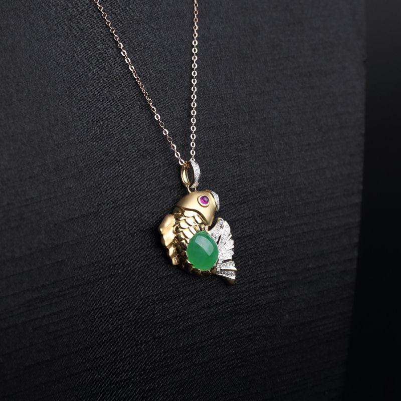 18k金镶缅甸糯种阳绿翡翠金鱼吊坠-红掌柜