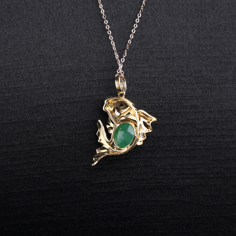 18k金镶缅甸天然糯种翡翠金鱼吊坠-红掌柜