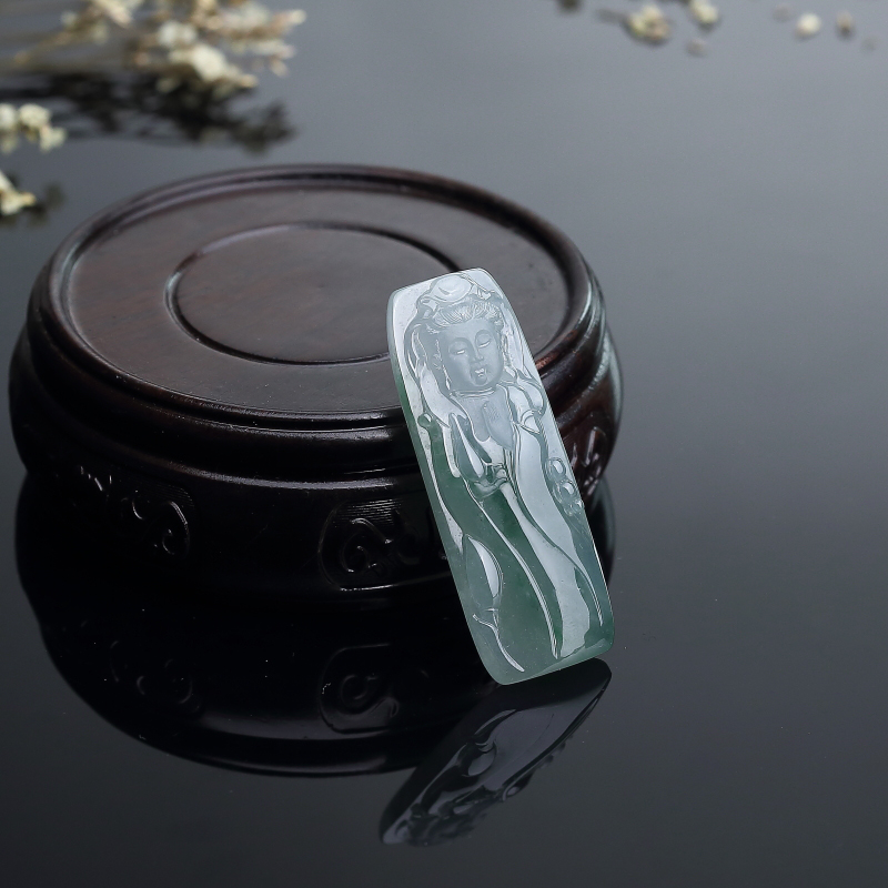 A货天然糯种飘花翡翠观音吊坠 - 红掌柜