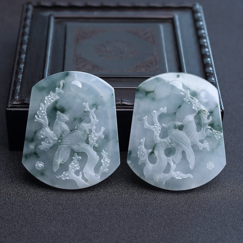 缅甸天然糯种飘花翡翠喜上眉俏吊坠-红掌柜