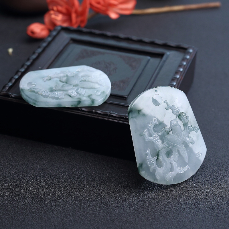 缅甸糯种飘花翡翠喜上眉俏吊坠-红掌柜