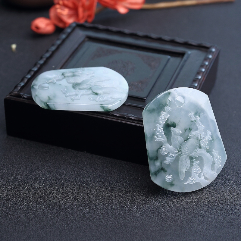 缅甸天然飘花翡翠喜上眉俏吊坠-红掌柜