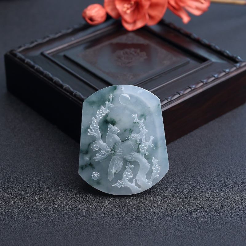 缅甸天然糯种翡翠喜上眉俏吊坠-红掌柜