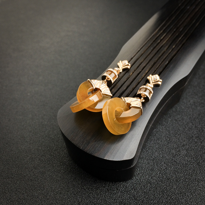 18K金镶钻冰糯种黄翡翡翠耳坠-红掌柜