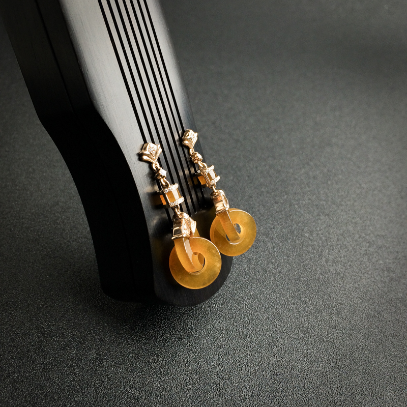 18K金镶钻缅甸黄翡翡翠耳坠-红掌柜