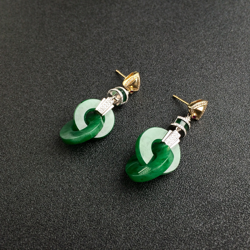 缅甸糯种浓绿翡翠耳坠-红掌柜