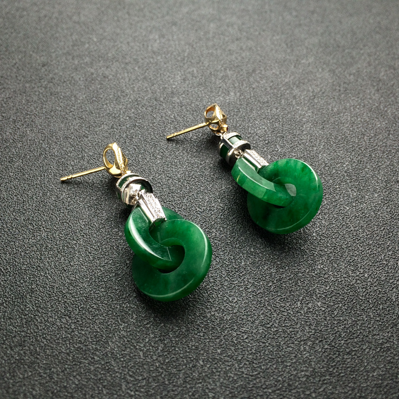 18K金镶钻糯种浓绿翡翠耳坠-红掌柜