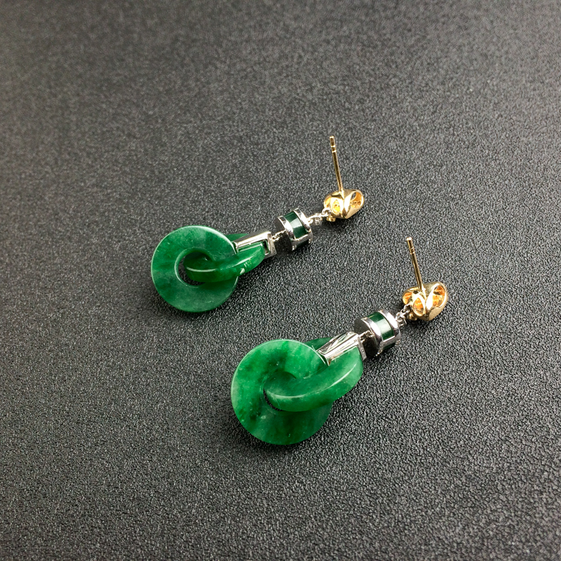 18K金镶钻缅甸浓绿翡翠耳坠-红掌柜