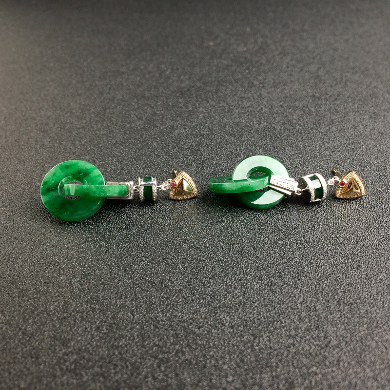 18K金镶钻缅甸糯种翡翠耳坠-红掌柜