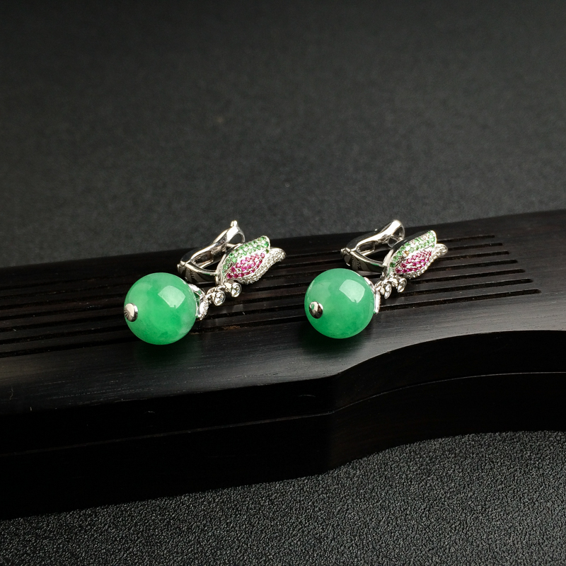 18K金镶钻缅甸黄阳绿翡翠套装-红掌柜