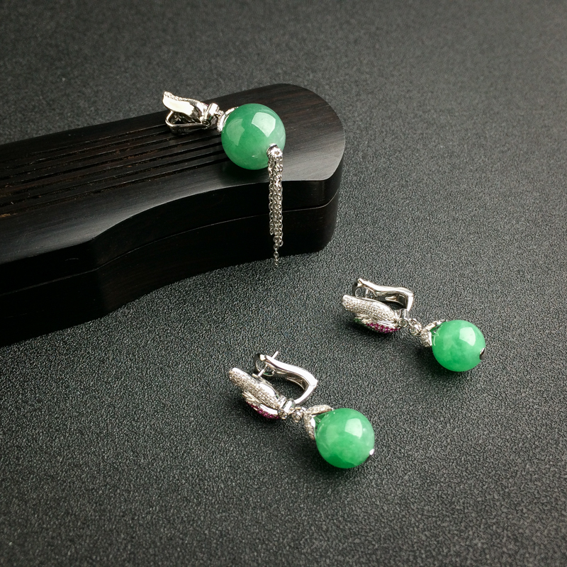 18K金镶钻缅甸糯种翡翠套装-红掌柜