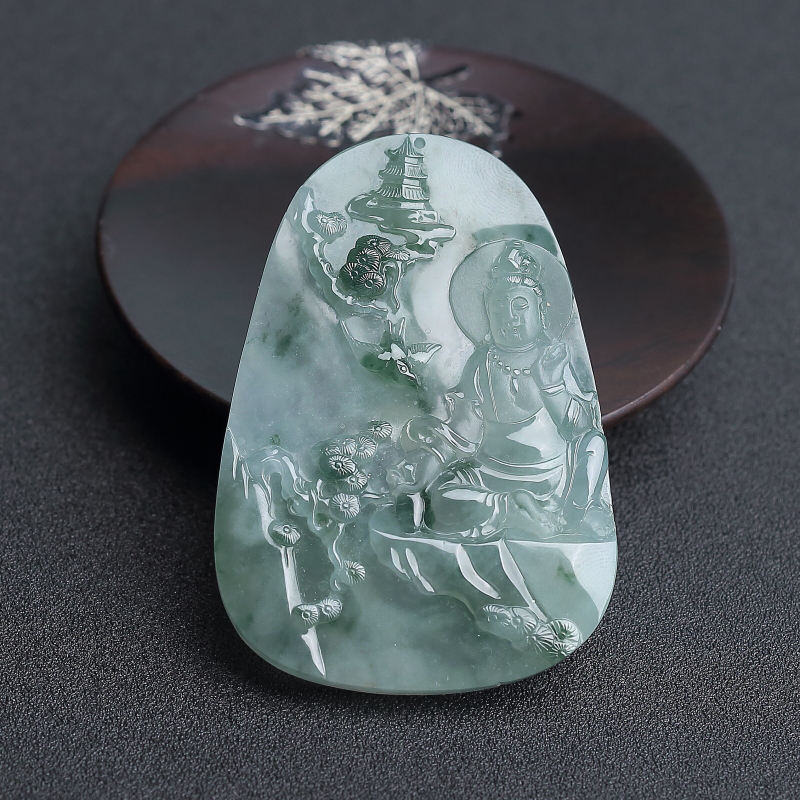 缅甸天然糯种飘花翡翠观音吊坠-红掌柜