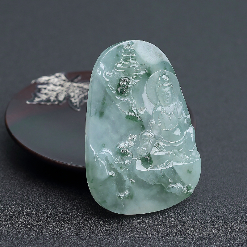 缅甸糯种飘花翡翠观音吊坠-红掌柜
